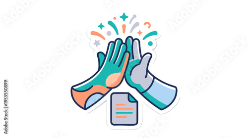 Two stylized hands high-fiving above a document, symbolizing agreement, partnership, or successful completion.