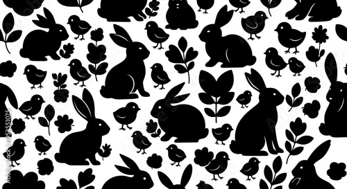 Seamless pattern of black silhouettes of Easter bunnies and chicks with leaves.