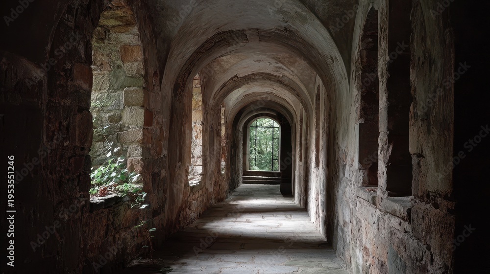 Obraz premium Old stone corridor with arches and window showing greenery