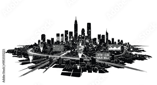 Futuristic smart city vector illustration displaying advanced urban planning with interconnected digital communication networks and data.