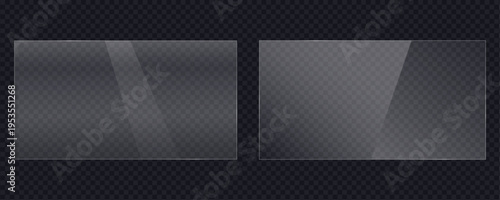Realistic set of two blank glass plates with vector shadow and light effect. empty clear glass panel with reflections on transparent background. rectangle glass frame