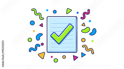 A document with a green checkmark surrounded by colorful confetti and shapes, symbolizing success, completion, or approval.