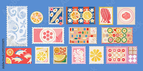 Collection of colorful illustrated postage stamps with fruit and floral designs