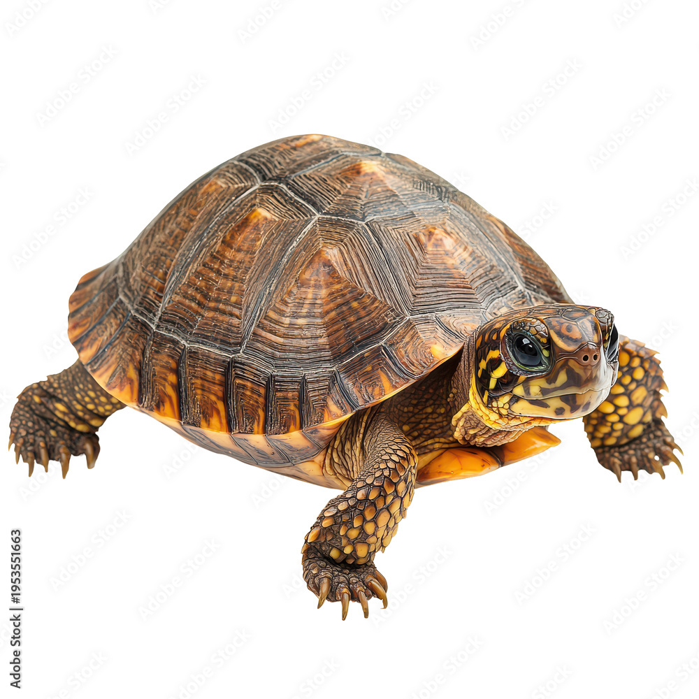 Fototapeta premium Turtle moves across a flat surface under bright light in a room at daytime while showing its shell and limbs