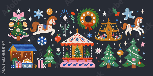 Festive illustration featuring vintage christmas toys and winter decorations