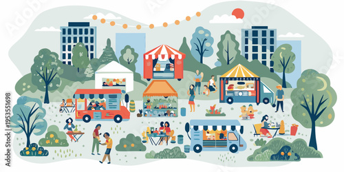 A vibrant street food festival takes place in a bustling city park