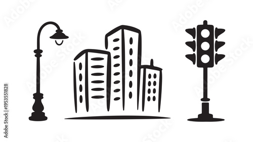 City Skyline Silhouette With Street Lamp And Traffic Light On White Background For Urban Concepts