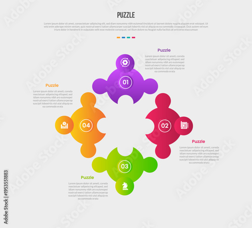 Puzzle or jigsaw base shape infographics gradient template diagram with big circle slice cut part on circular cycle with 4 point step creative