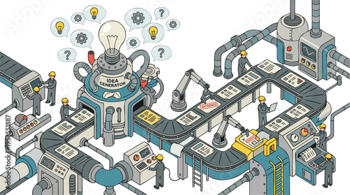 A detailed isometric illustration of a Q&A generator factory with workers, conveyor belts, and machinery processing information and ideas.