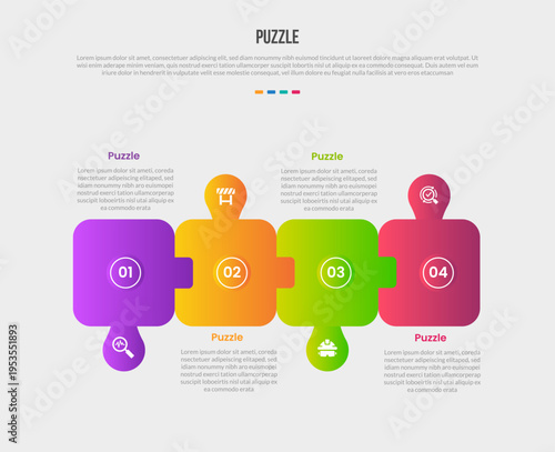 Puzzle or jigsaw base shape infographics gradient template diagram with round square box with smooth bubble up and down with 4 point step creative