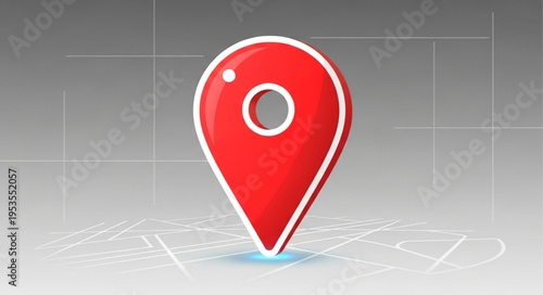 Red Location Pin Icon with White Outline on Gray Background.