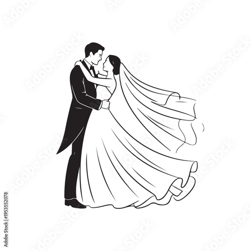 Couple dancing in wedding attire with flowing dress