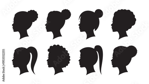 Eight black silhouette of women with diverse hairstyles