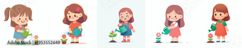 vector of a little girl watering small flowers in a pot