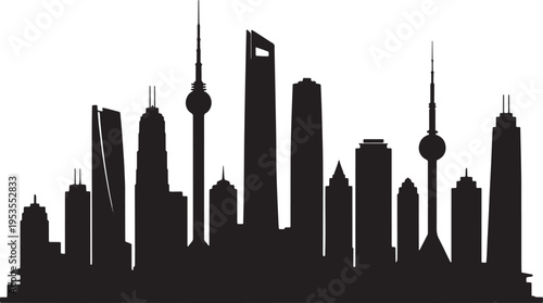 Silhouette of a modern city skyline with towering skyscrapers against a white background, showcasing urban architecture and cityscapes