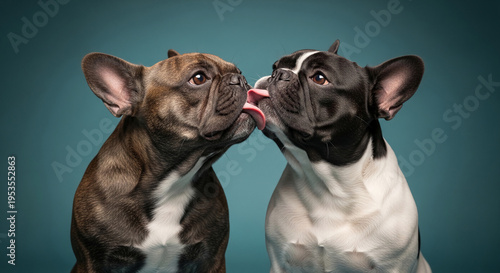 Two French Bulldogs, brown and black and white, lick each other on a blue-green background, symbolizing affection, companionship, and Valentine's Day love, with free space