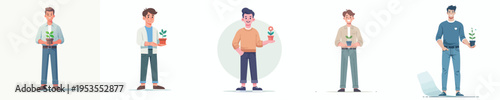 vector of a man standing holding a small flower pot