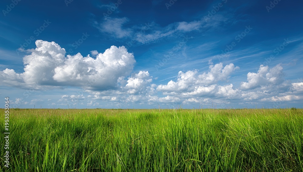 Fototapeta premium Vast Green Field Under a Blue Sky with White Clouds.