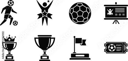 Soccer icon set collection, football symbols including player, trophy, ball, ticket and presentation board, sports elements pack, modern flat vector illustration