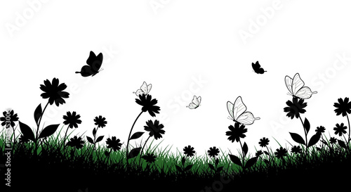 Silhouettes of butterflies and flowers in a vibrant meadow.