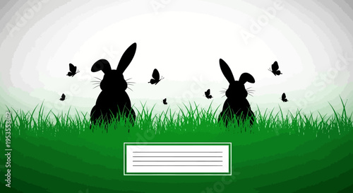 Two black rabbit silhouettes in green grass with butterflies.