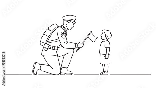 Minimal line of soldier kneeling to give child a flag