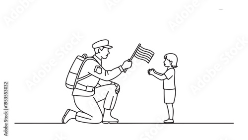 Minimal line of soldier kneeling and girl holding flag
