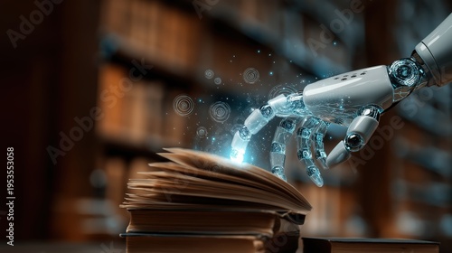 A robotic hand interacts with an open book, emitting digital particles, symbolizing the fusion of technology and knowledge in a library setting.