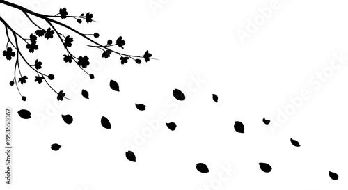 Silhouette of a tree branch with falling leaves, symbolizing autumn and change.