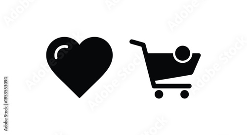 Simple black vector illustration graphic featuring a heart icon beside a shopping cart icon