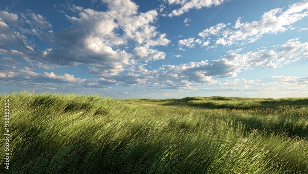 Obraz premium Vast Green Grass Field Under a Dramatic Cloudy Sky.