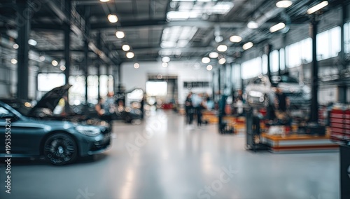 Modern Automotive Repair Shop with Cars and Mechanics Working.