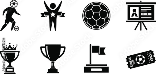 Soccer icon set collection, football symbols including player, trophy, ball, ticket, flag and presentation board, sports elements pack, modern flat vector design