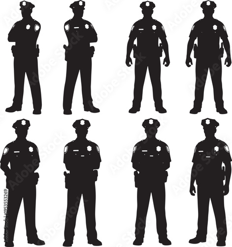Collection of striking black and white silhouettes depicting diverse police officers in various professional stances, representing law enforcement authority and public service