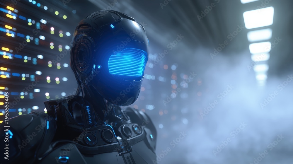 Fototapeta premium Futuristic robot with a glowing blue faceplate stands in a dimly lit, high-tech corridor filled with fog and LED lights.