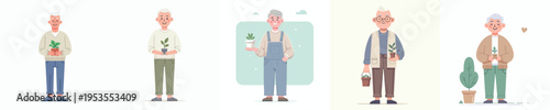 vector of a grandpa standing holding a small flower pot