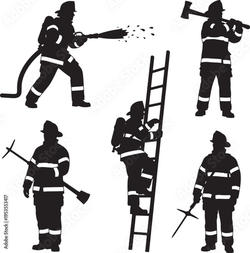 Collection of Black and White Silhouettes of Firefighters Engaged in Various Activities