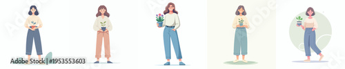 vector of a woman standing holding a small flower pot