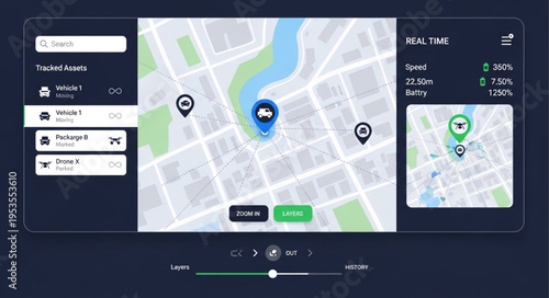 Automotive Navigation System Interface with Map and Vehicle Information Display.