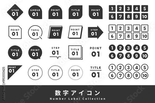 数字ラベル　ナンバリングデザイン　ブラック / Number Label Set Minimal Black Heading Design Clean Numeric Markers Collection for Steps Points Check and Ranking UI Elements 