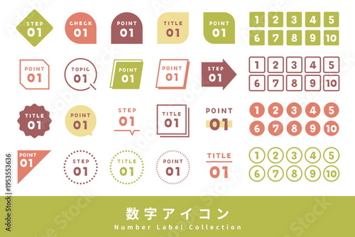 数字ラベル　見出し用ナンバリング　ナチュラルカラー / Number Label Set Natural Style Heading Design Green and Brown Organic Color Numeric Markers Collection for Steps Points and Ranking
