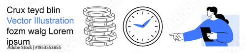 Time management, financial planning, productivity, deadline tracking, budgeting, task delegation. Stacked coins, clock pointing person. Time management and financial planning