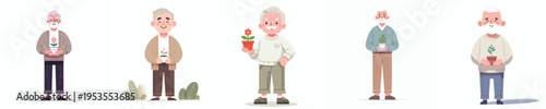 vector of a grandpa standing holding a small flower pot