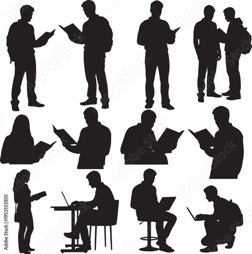 Engaged individuals in silhouette, deeply focused on reading, studying, and learning, representing the timeless pursuit of knowledge and academic achievement