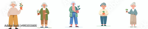 vector of a grandma standing holding a small flower pot