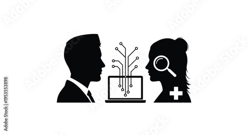 Digital healthcare vector illustration depicting technology connecting a businessman and a medical professional for analysis.