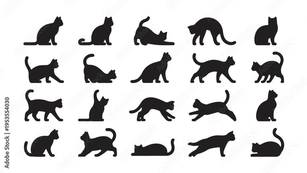 Fototapeta premium Set of 25 black cat silhouette in various poses sitting