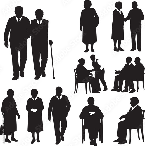 A versatile collection of black silhouettes depicting diverse elderly individuals and couples, illustrating the journey of aging, companionship, and support in senior life