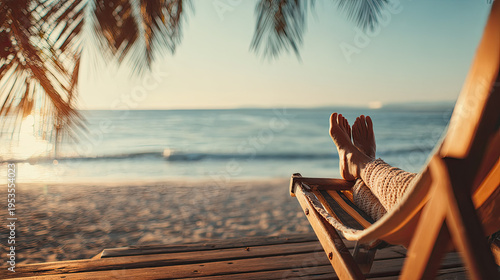 Relaxing beach vacation scene with woman resting on sun lounger under palm trees at sunset