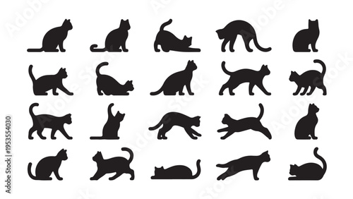 Set of 25 black cat silhouette in various poses sitting